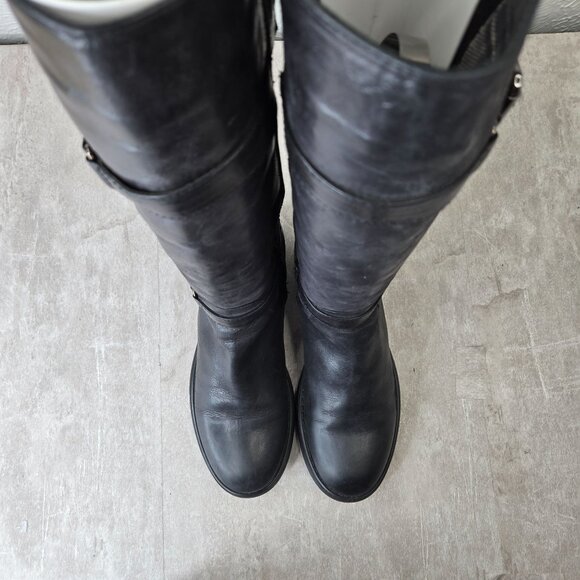 Aquatalia Equestrian Boots 8.5 Black Leather Knee High Tall Moto Buckle Riding - Picture 2 of 11